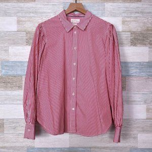 J Crew Slim Fit Puff Sleeve Striped Shirt Red White Cotton Stretch Womens 14